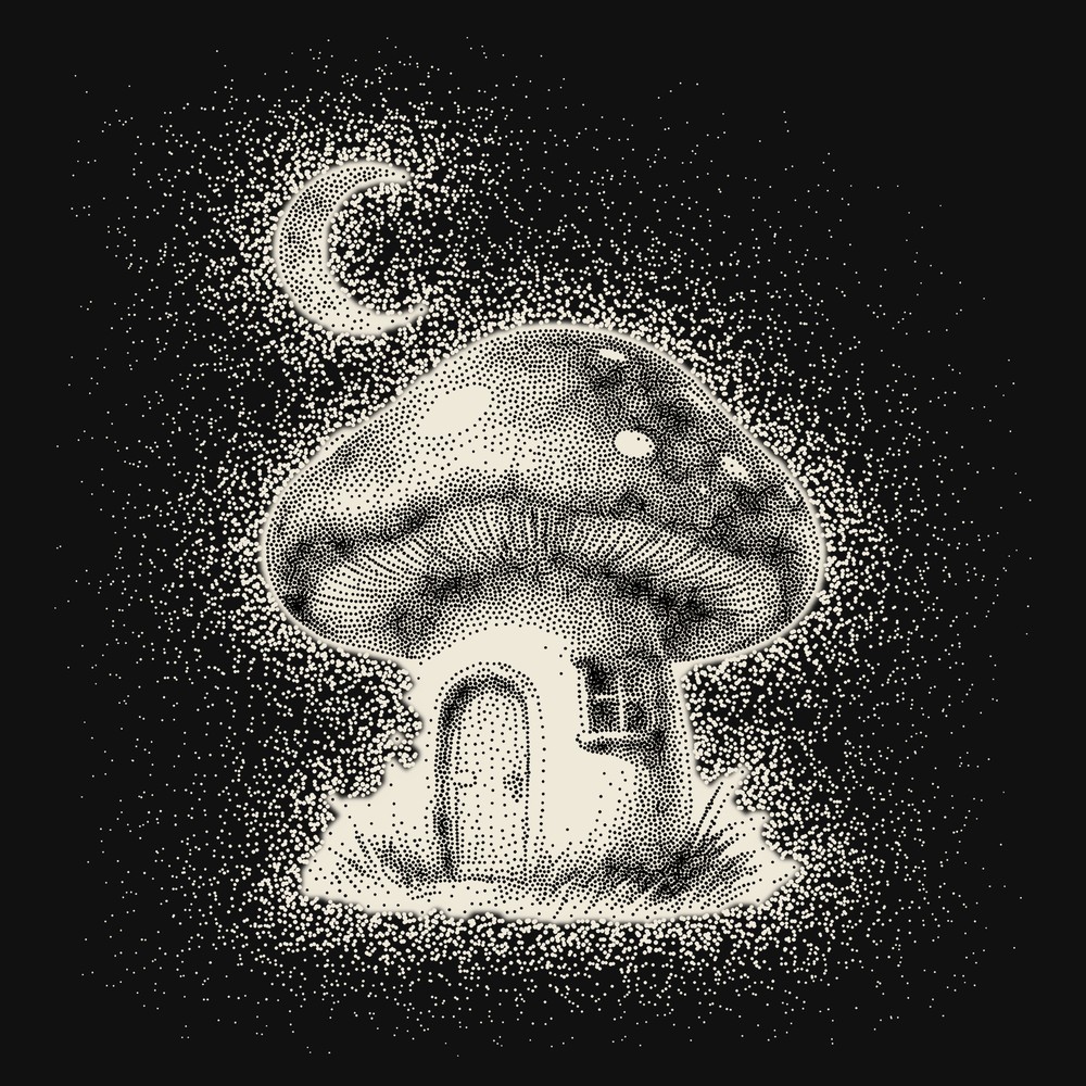 The mushroom house in bone-coloured dots on a black shirt