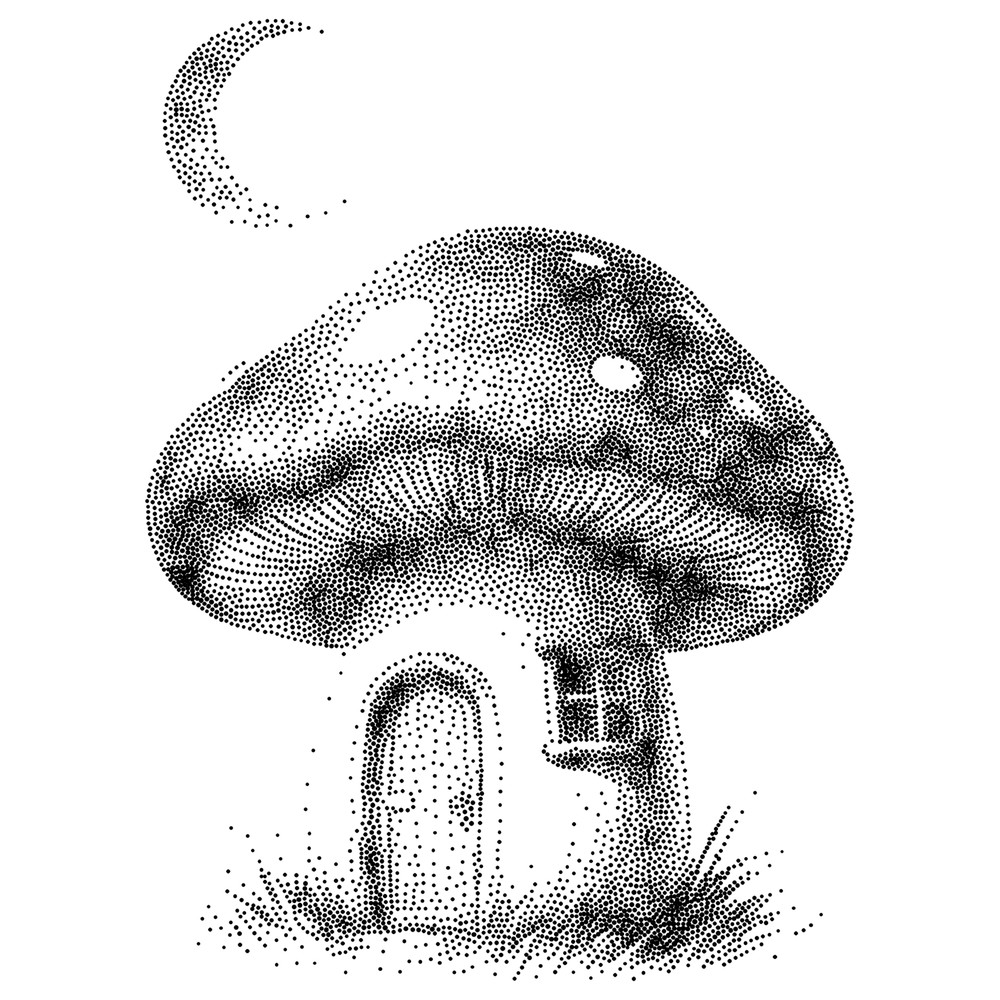 The same mushroom house drawn entirely in separate black dots