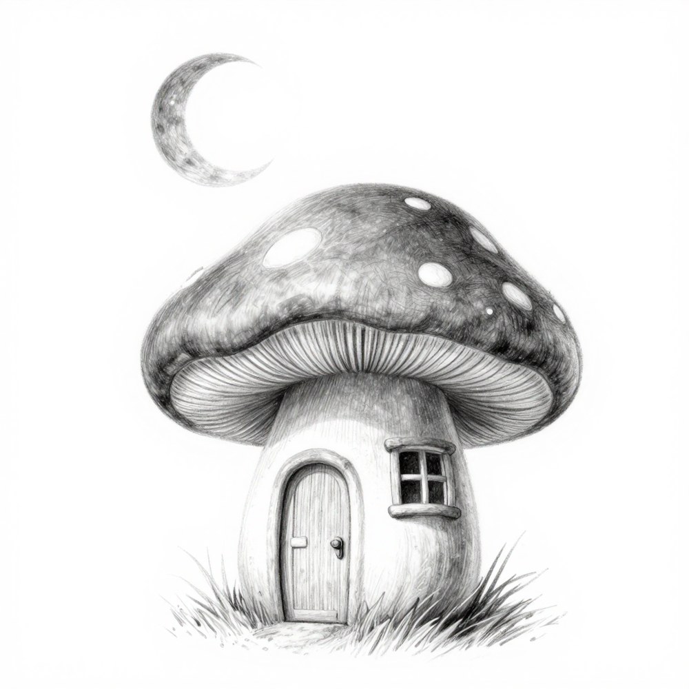 A grey sketch of a mushroom house under a crescent moon